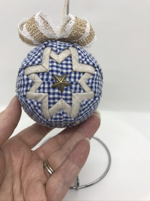 Front of Blue Gingham Farmhouse Vintage 3" Ornament with star button
