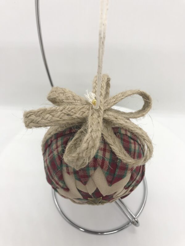 Top of Red Plaid 3" Farmhouse Vintage Ornament showing jute bow