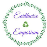 wreath circle with the shop name earthwise emporium and the recycle symbol between them