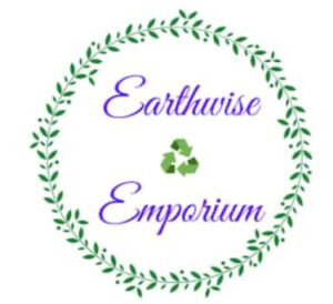 wreath circle with the shop name earthwise emporium and the recycle symbol between them